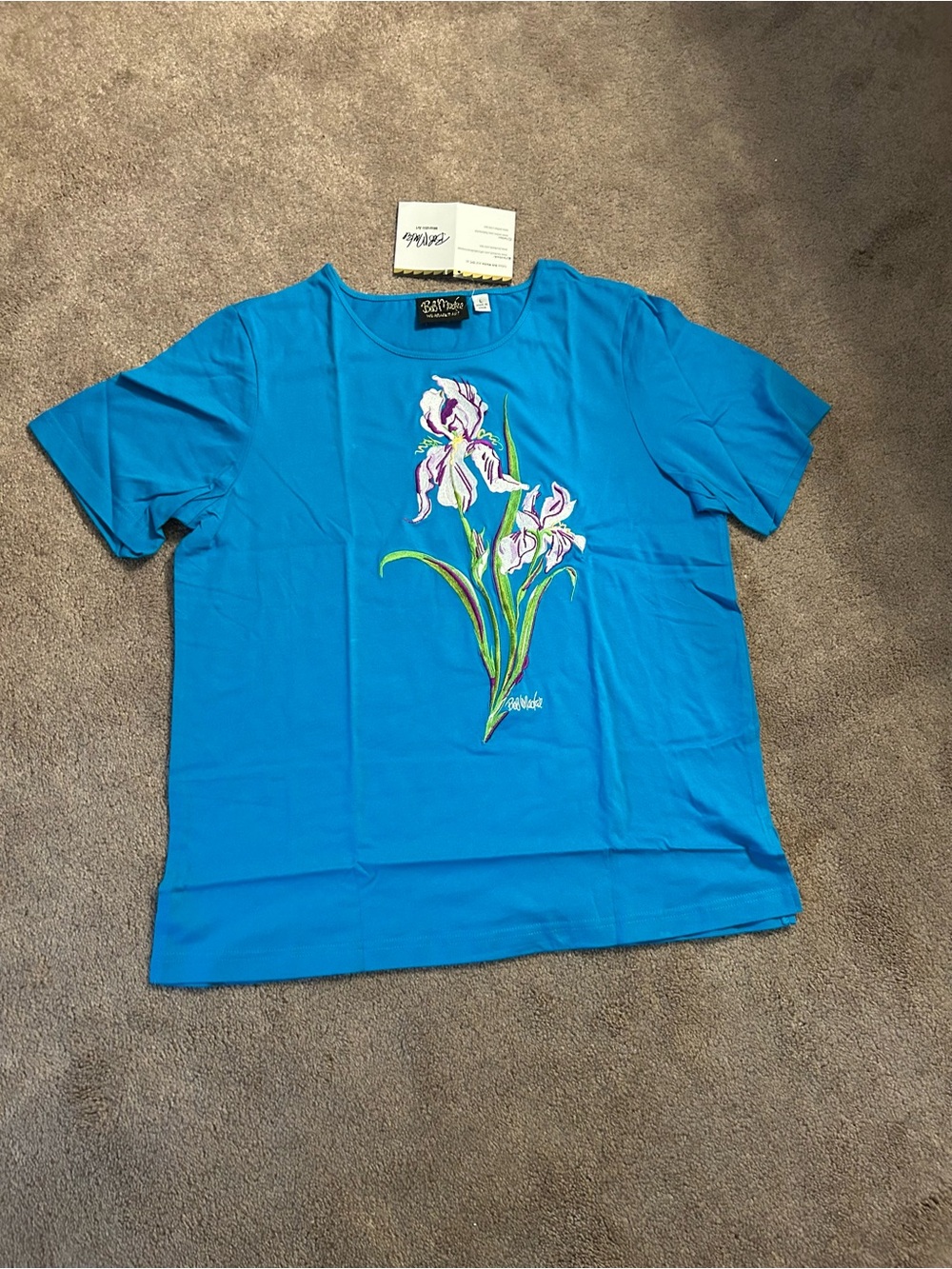 Bob Mackie Blue Short Sleeve Tee with Floral Iris Embroidery
